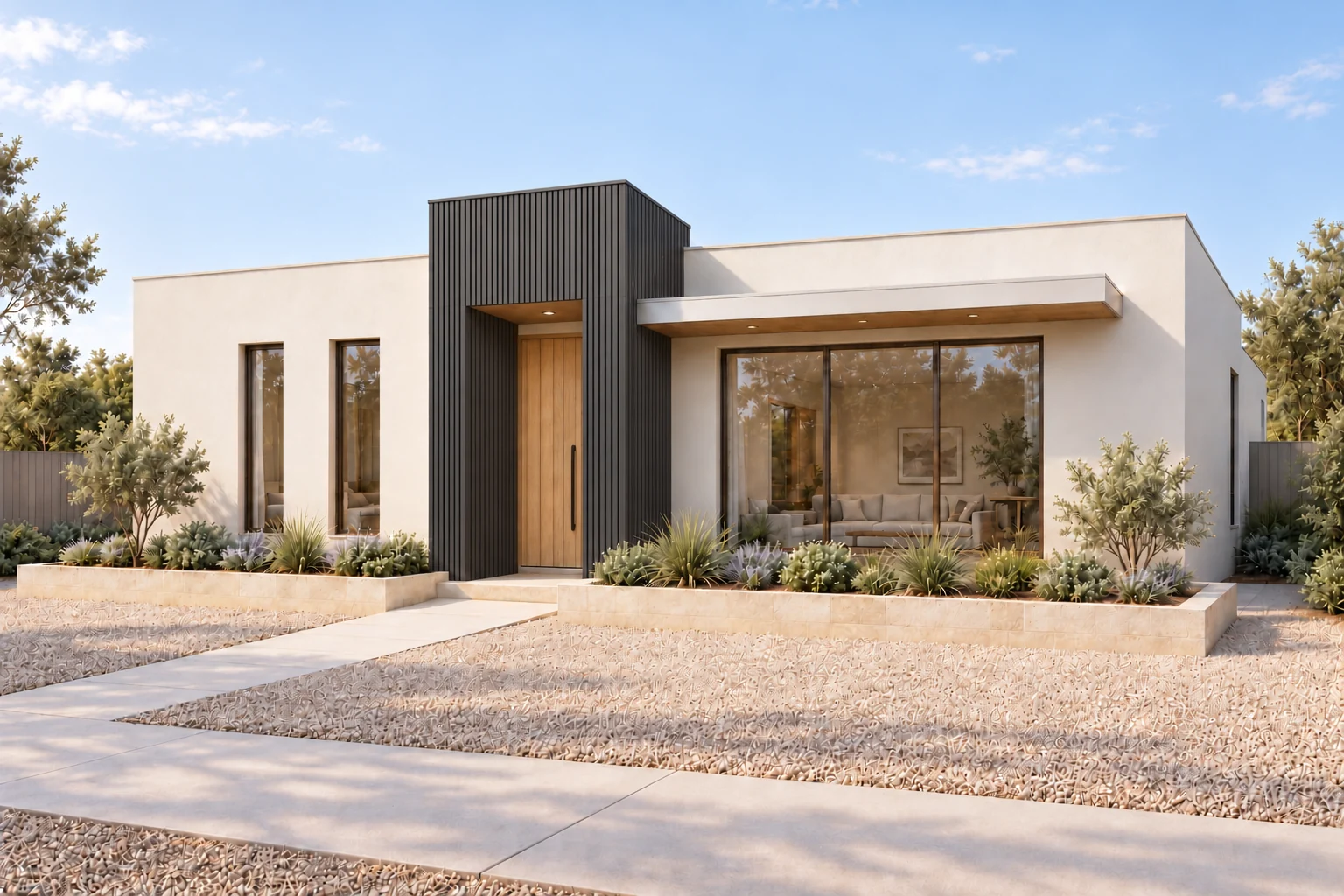 The same rendered home with the entry portal changed to charcoal metal battens