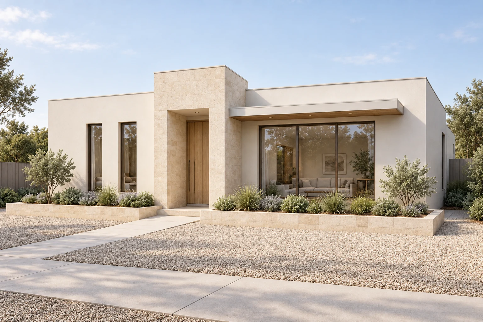 The same home rendered with limestone, timber and natural planting